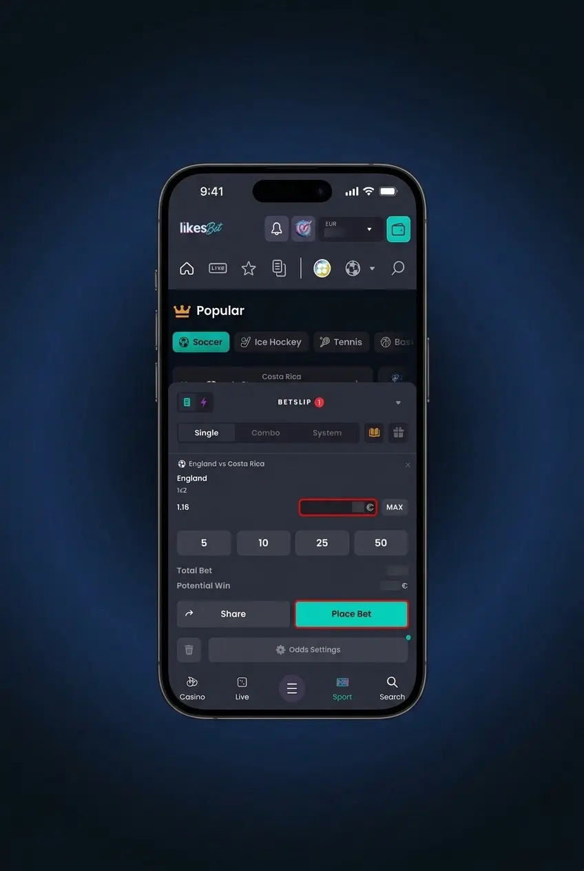 LikesBet basketball betting guide showing 5 steps to choose markets, check odds, stake in EUR and confirm bets