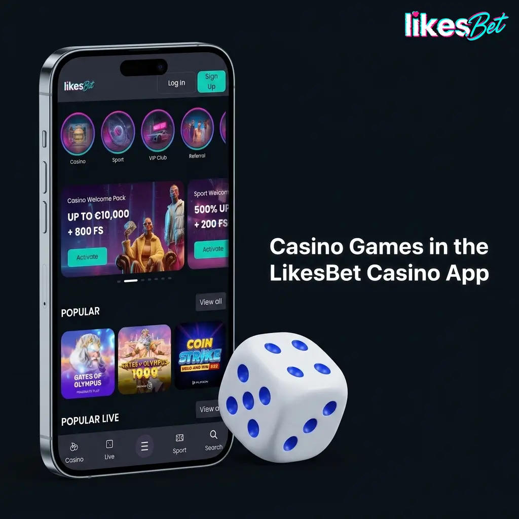 LikesBet Casino app lobby showing slots, live dealer tables, roulette, blackjack, and instant games