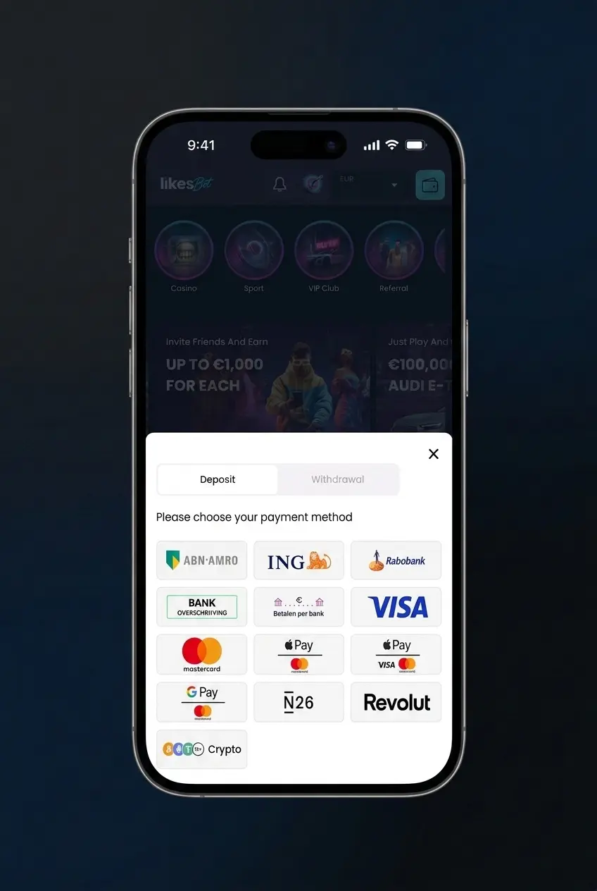 LikesBet Cashier screen showing EUR deposit steps, payment methods, amount limits and instant approval options