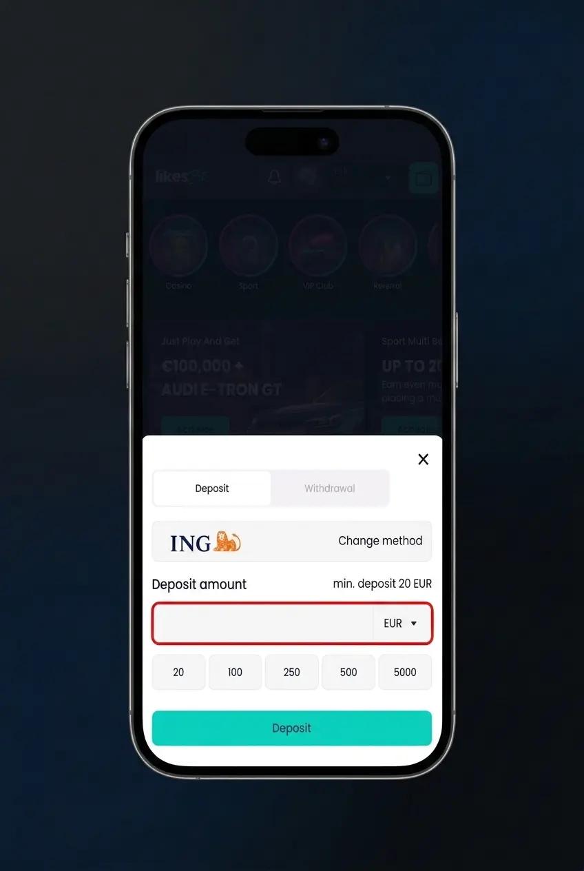LikesBet Cashier deposit screen showing EUR payment options, amount entry and confirmation steps