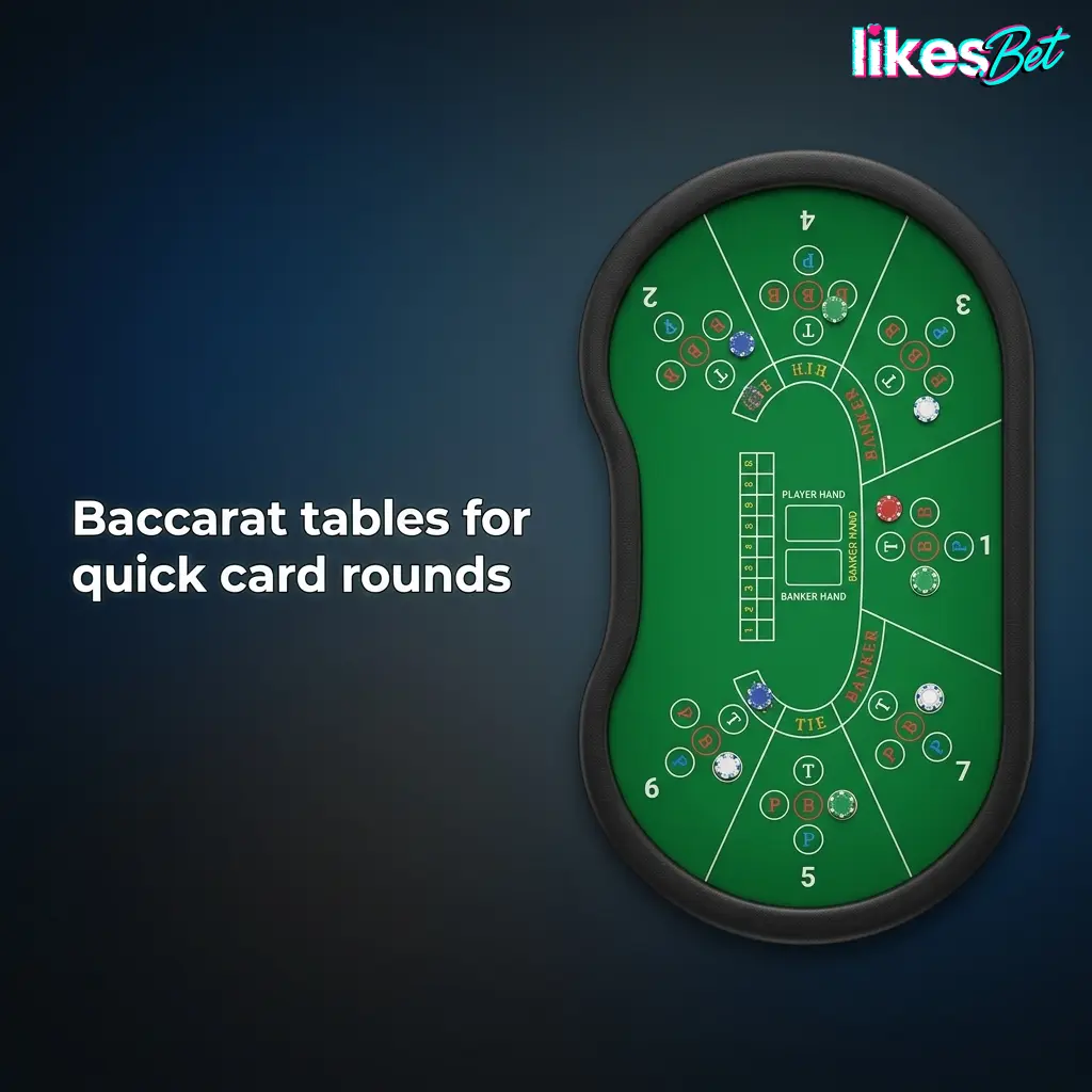 Baccarat table with Player, Banker and Tie bets for fast card rounds and side bet options