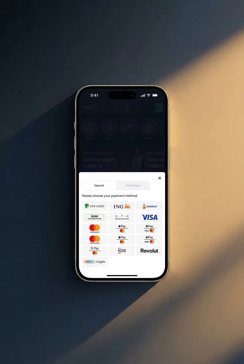 Four-step Netherlands bonus activation flow with account setup, KYC, EUR deposit, and promotion confirmation
