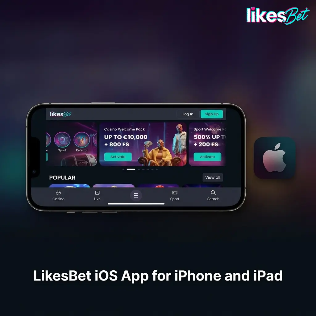 LikesBet iOS app on iPhone and iPad with casino, sports betting, cashier, bonuses, and support features