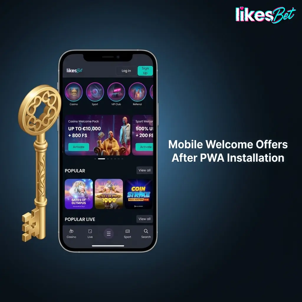Mobile casino and sports welcome offers after PWA install with EUR bonuses, free spins, and tracking