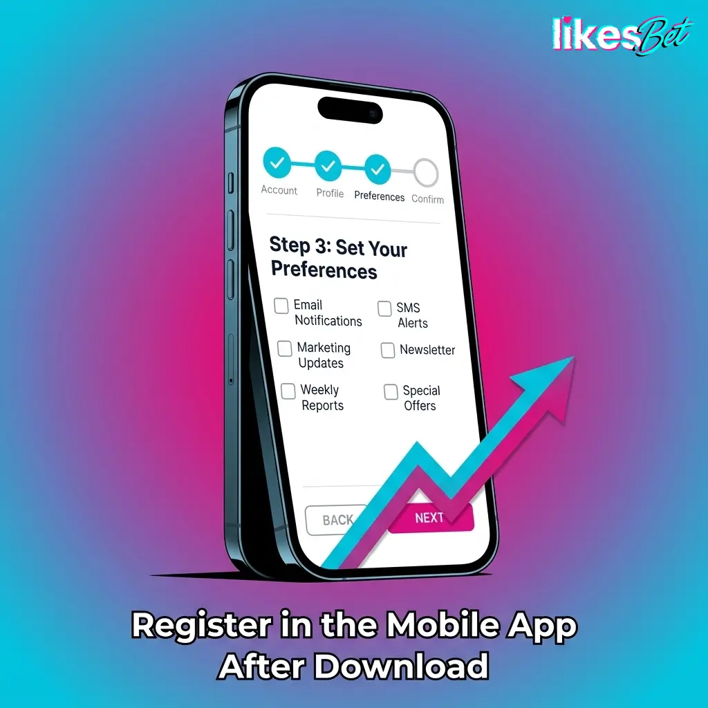 LikesBet mobile app registration screen with email, phone, security code, and bonus preference setup