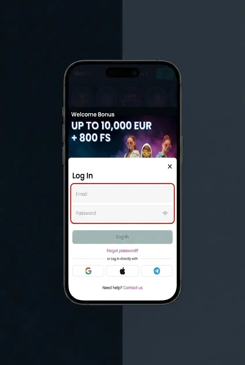 LikesBet sign in steps showing login button, credentials, 2FA code, and account dashboard review
