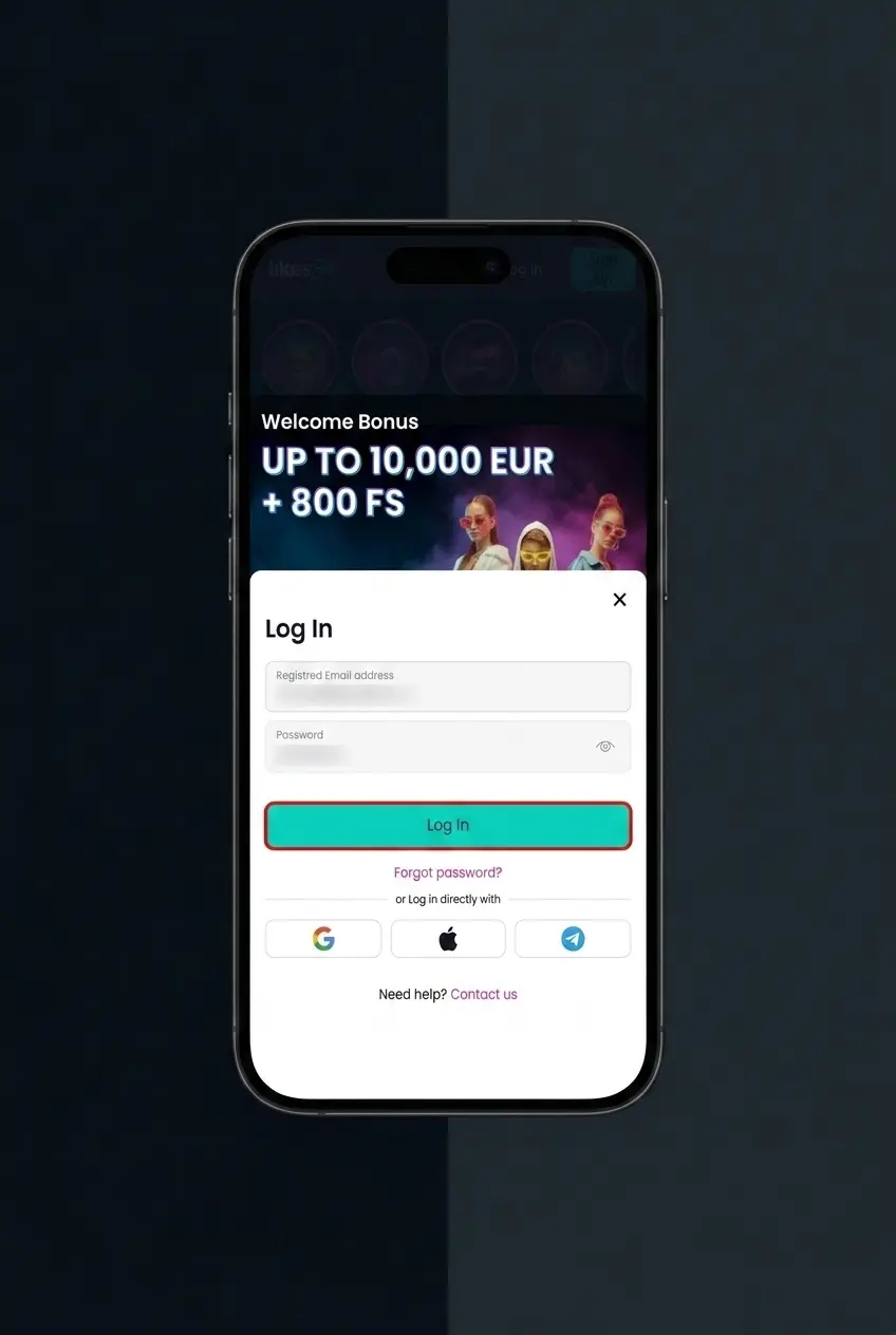 LikesBet sign in guide showing login button, credentials, 2FA code, and account review steps