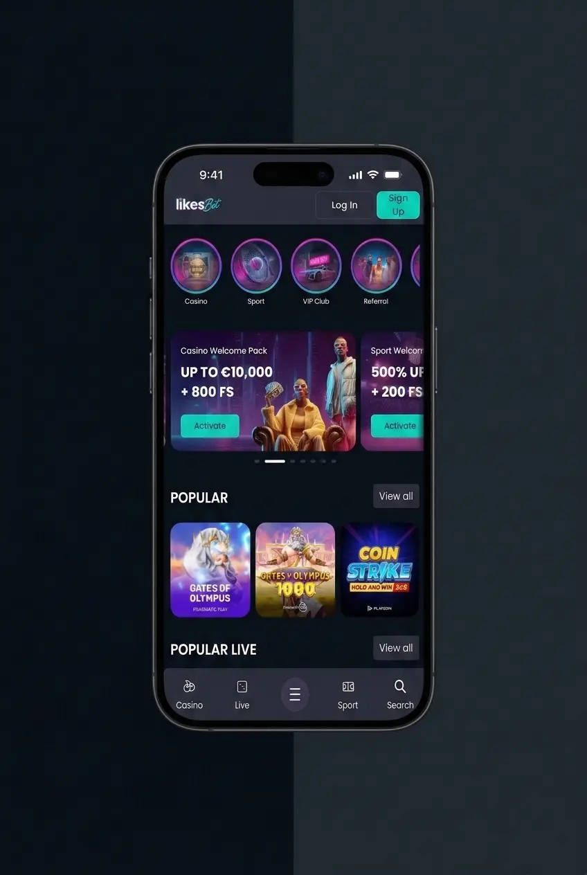 LikesBet sign in steps showing login, 2FA verification, balance, bonuses, bets, and account tools