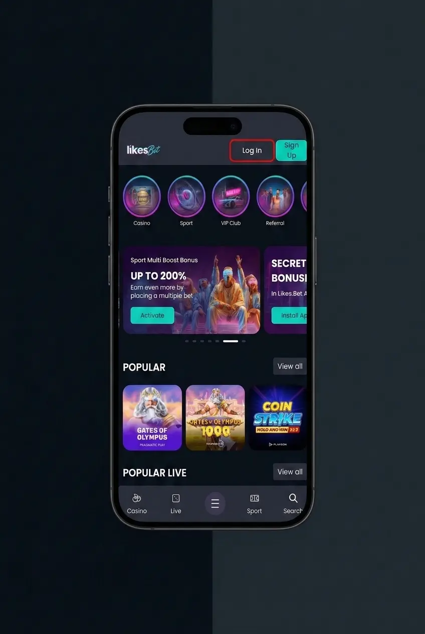 LikesBet login steps showing sign in button, email or phone access, 2FA code, and account balance review