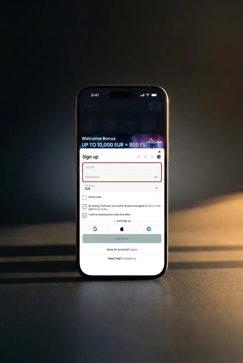 LikesBet website sign-up steps showing required details, password setup, bonus choice, and terms confirmation