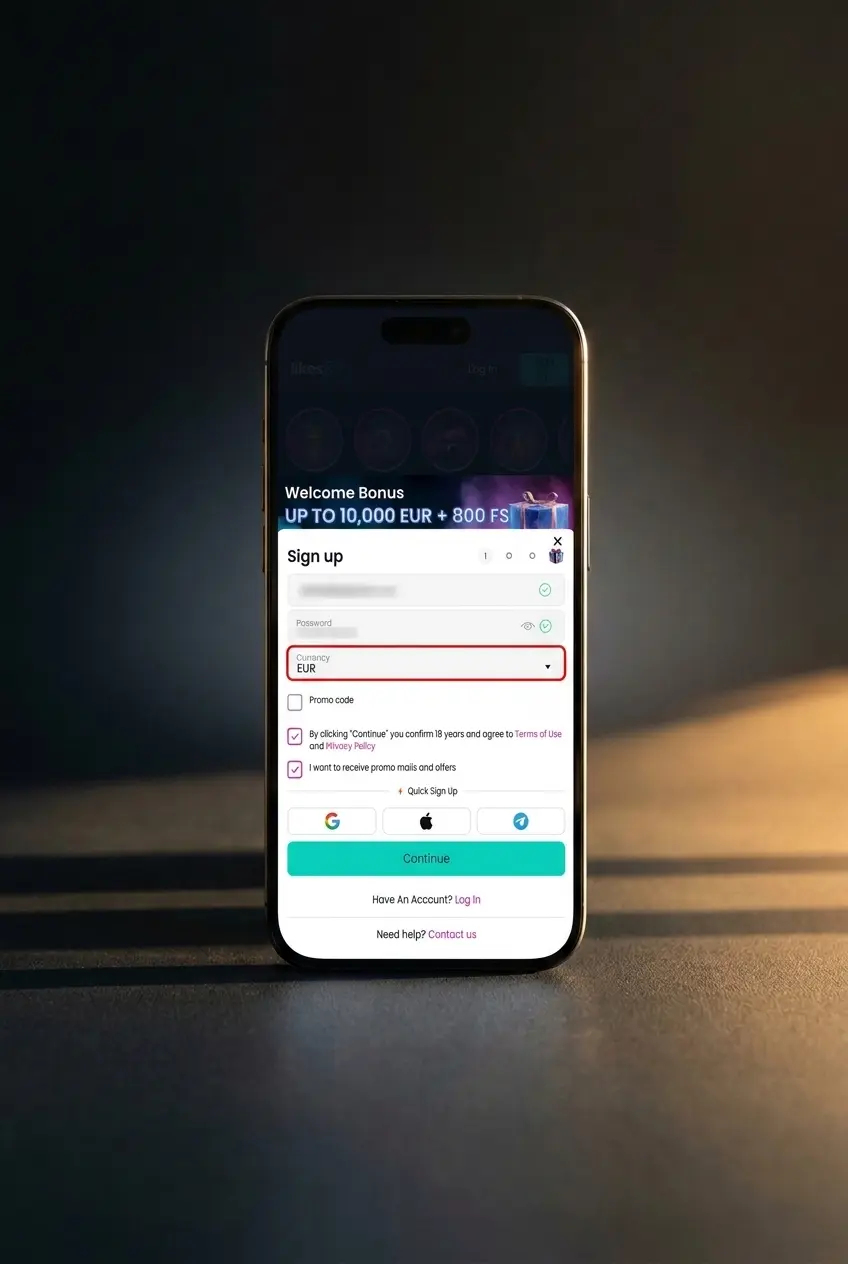 LikesBet sign up steps showing registration details, bonus choice, age confirmation, and terms review