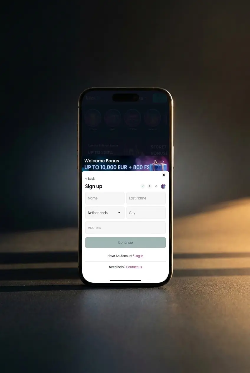 LikesBet sign up steps page showing registration details, bonus selection, and terms confirmation