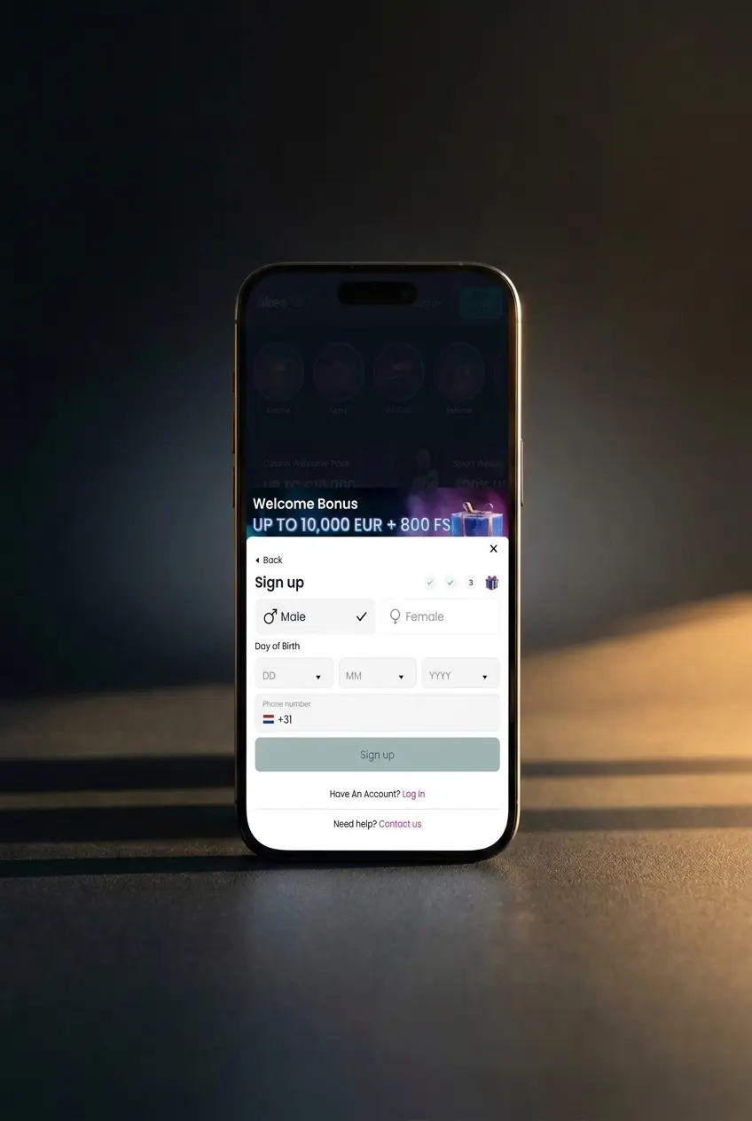 LikesBet sign up steps showing registration fields, bonus choice, terms acceptance, and account review