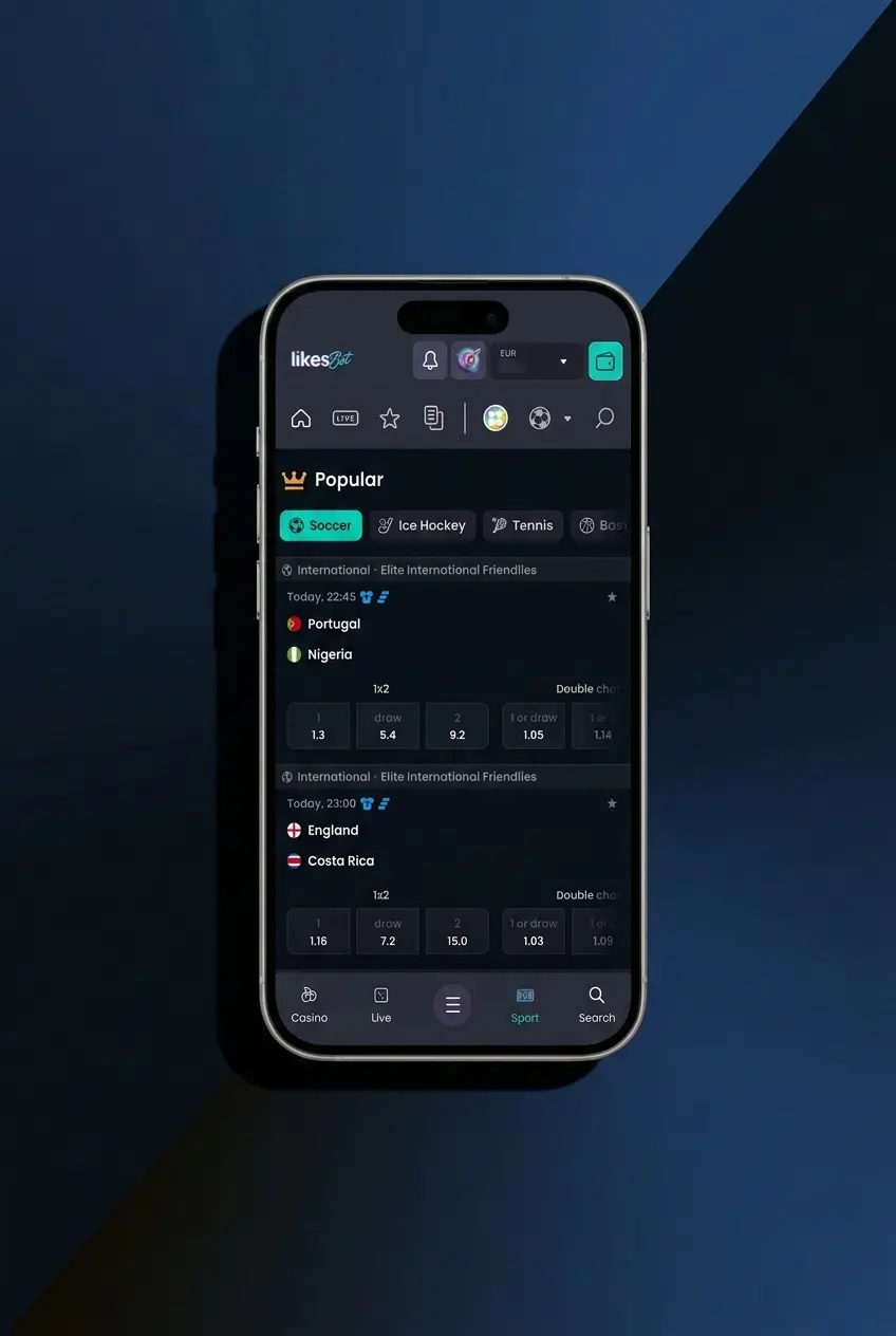 Mobile sports betting app showing sign-in, EUR balance check, and bet slip updates for pre-match and live bets