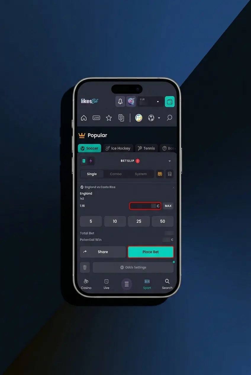 Mobile sports betting PWA showing sign-in, EUR balance check, bet slip updates, and pre-match or live bet options