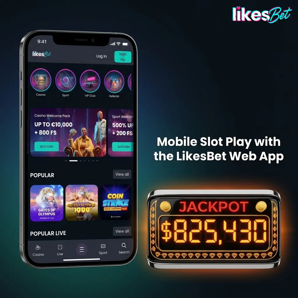 LikesBet mobile web app slots lobby on a phone browser with search, filters, bonuses, and cashier access