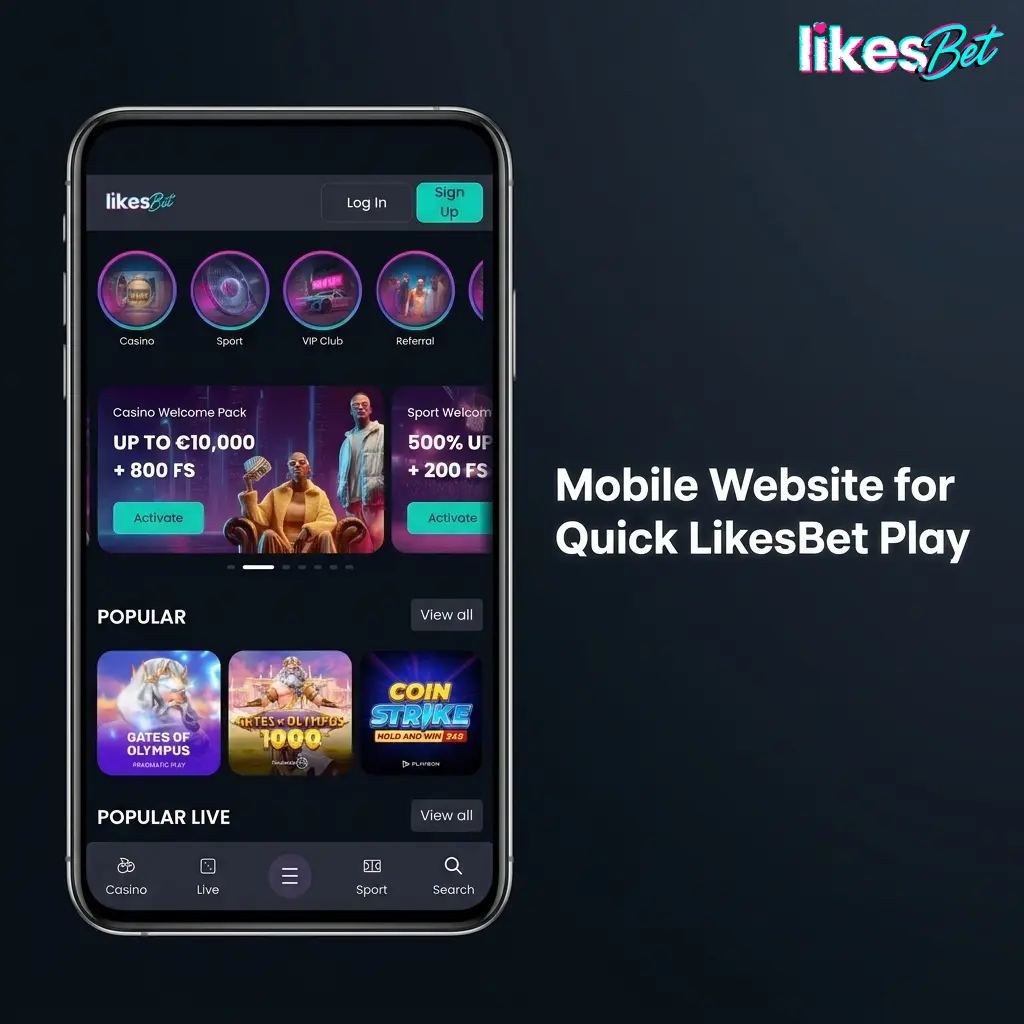 Quick LikesBet mobile website showing sportsbook, casino, cashier and live betting features on a smartphone