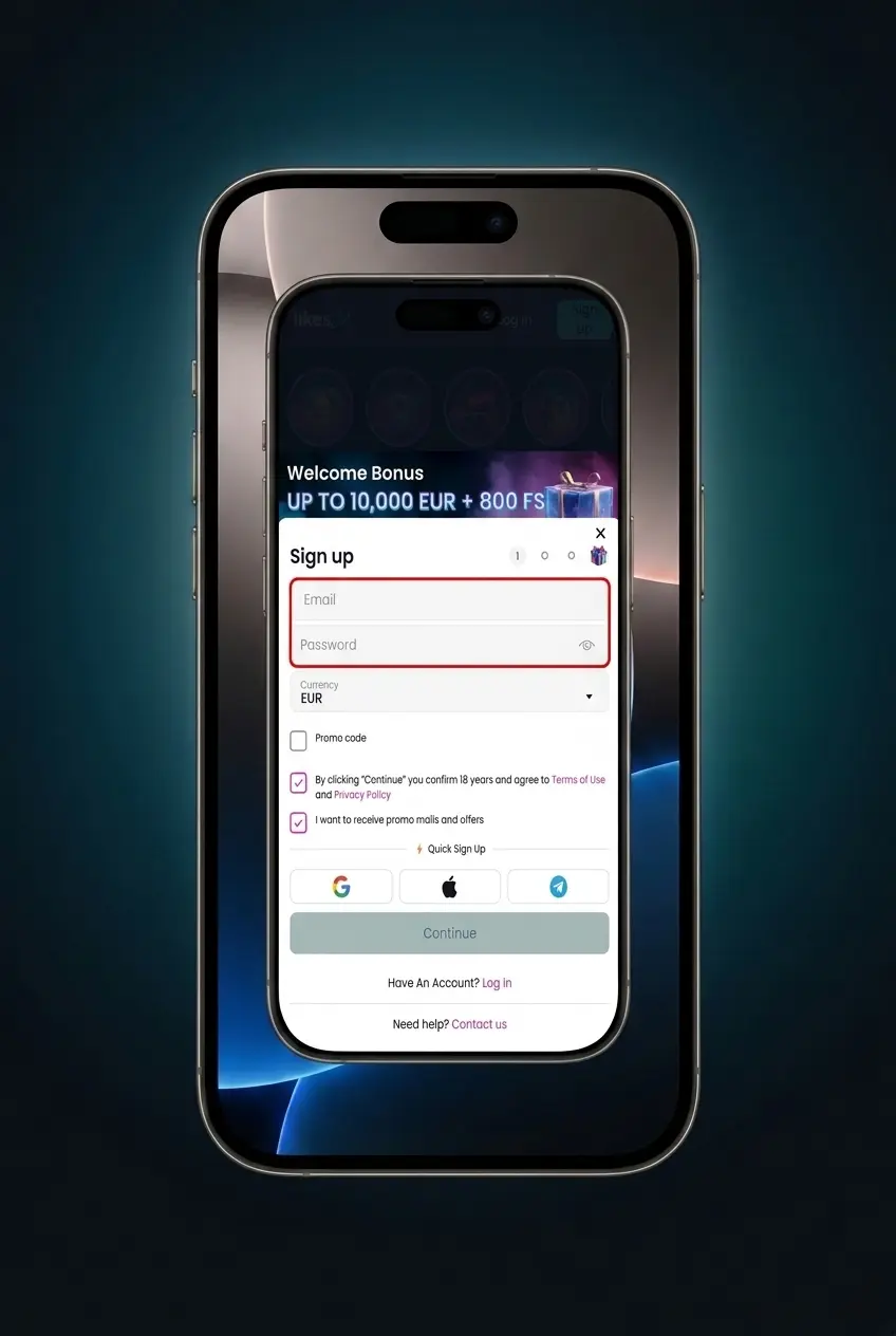 Four-step LikesBet app registration guide with country selection, EUR currency and account verification