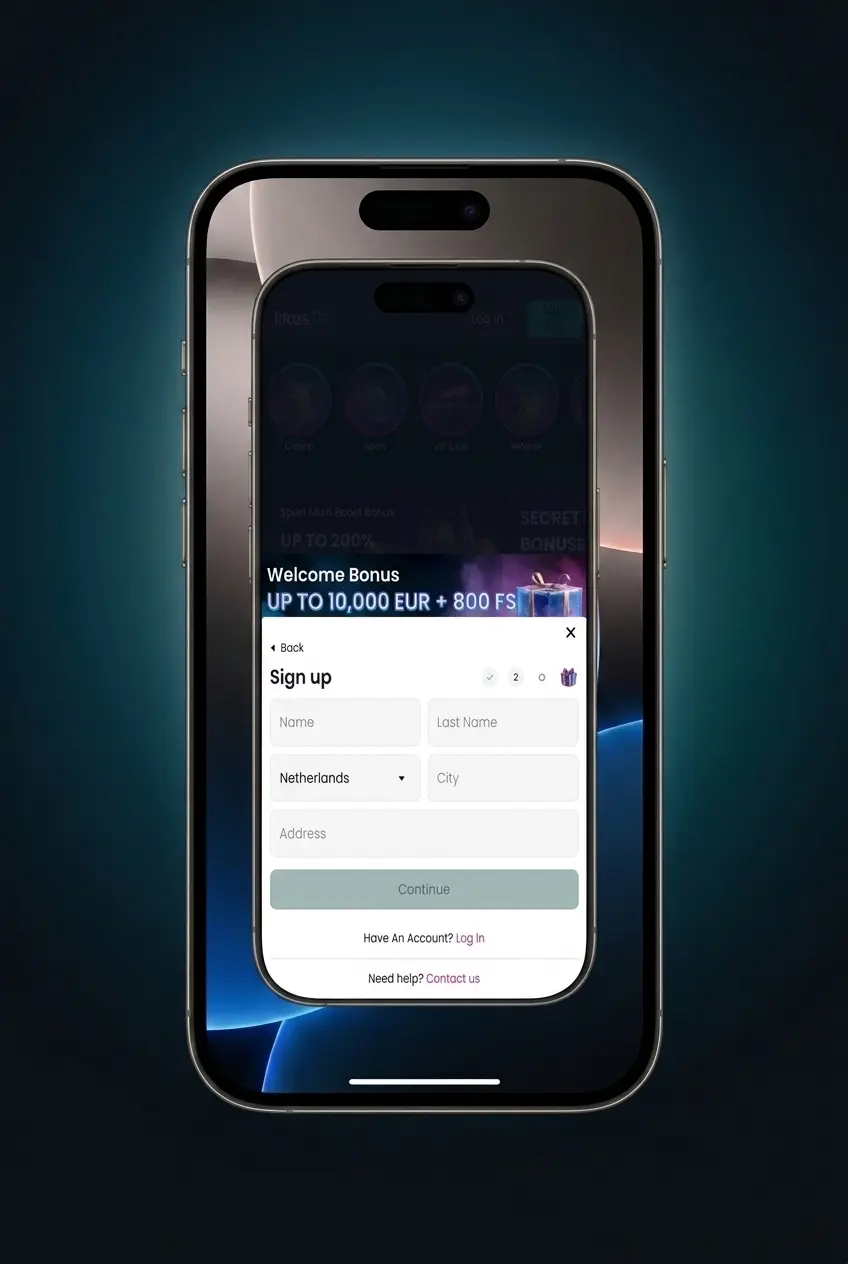 Four-step LikesBet app registration guide covering download, sign-up, details, and account verification
