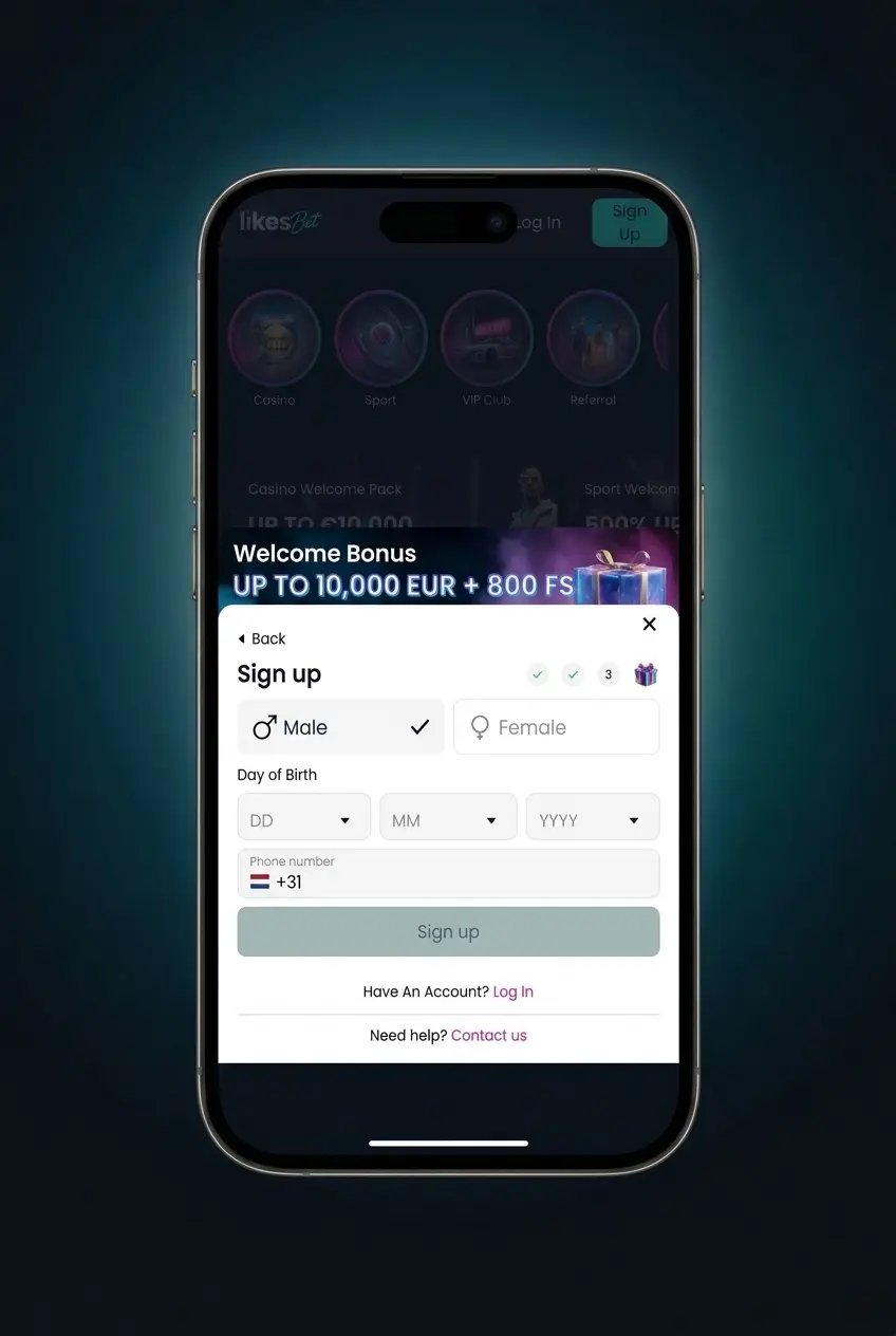 LikesBet app registration guide showing four steps: download, sign up, enter details, and verify account