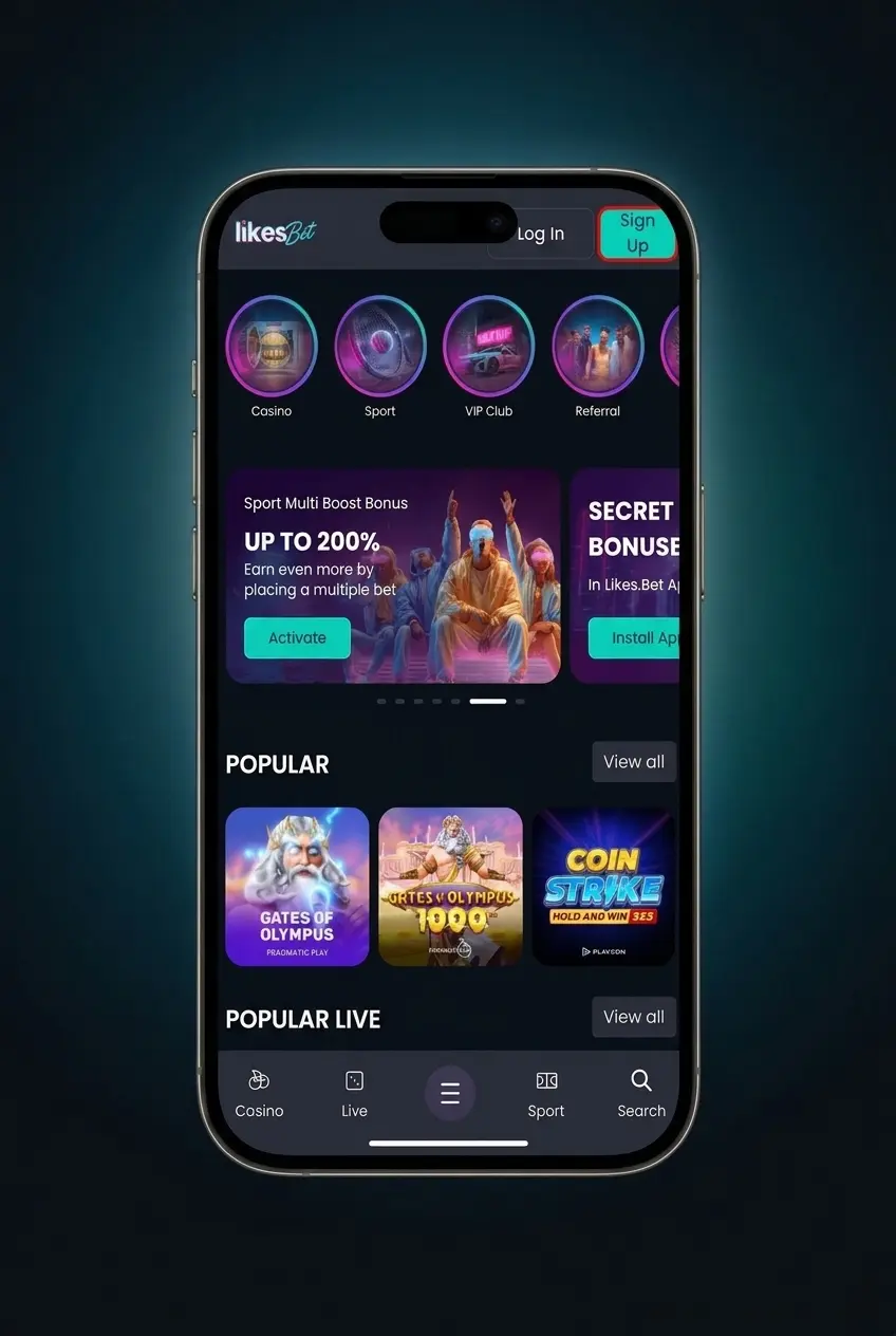 LikesBet app registration guide showing four steps to create an account, verify details, deposit and start betting
