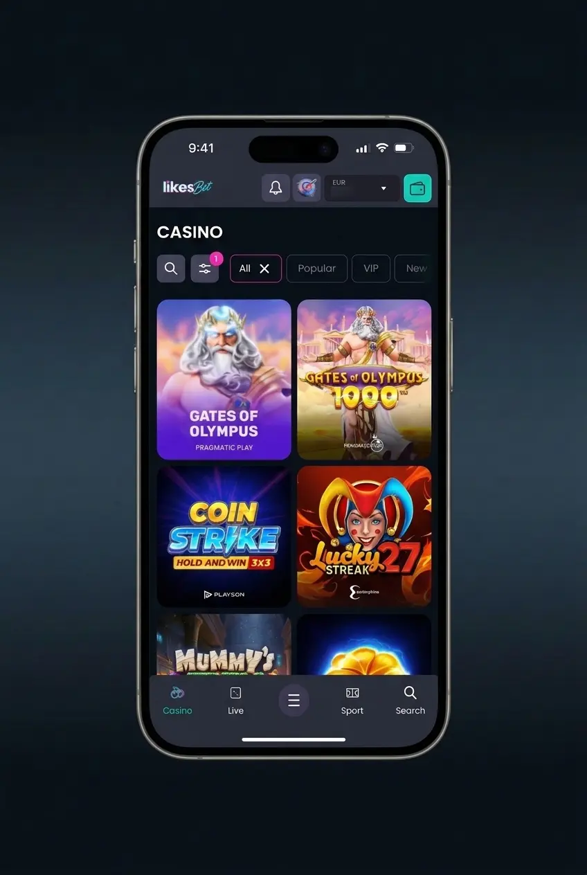 LikesBet slot session guide showing age checks, lobby filters, demo/cash play, and spin settings