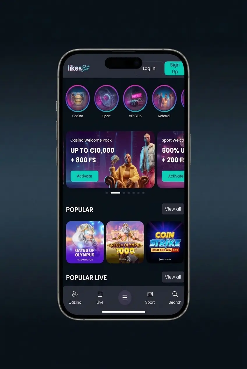 LikesBet slot lobby guide showing steps for age check, filters, demo play, deposit, bets, and game history