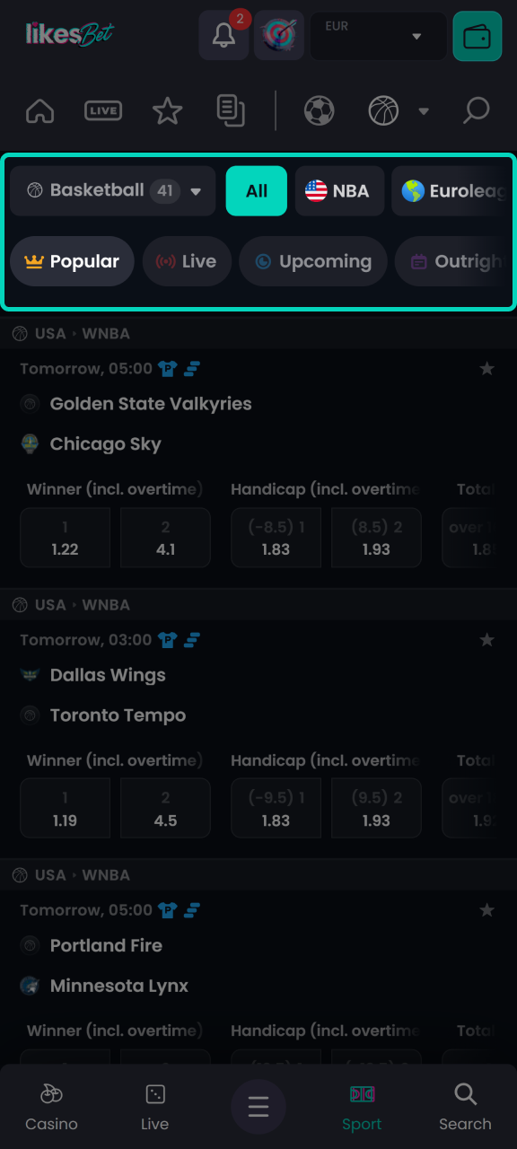 Select the basketball match you want to bet on at LikesBet.