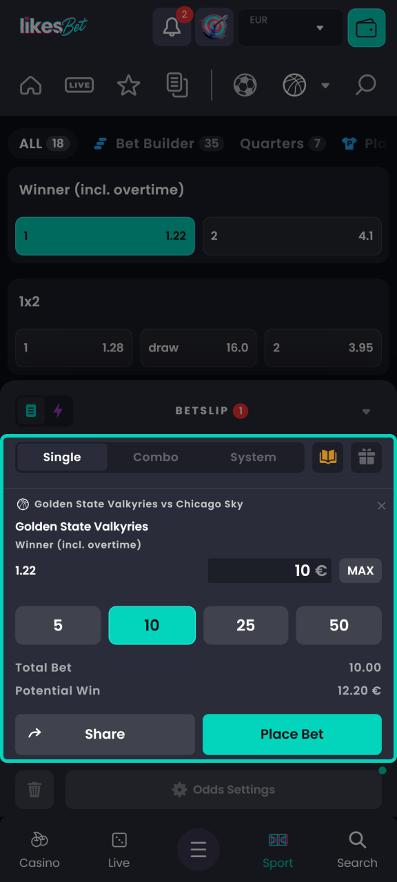 Enter your bet amount and complete the basketball betting process on the LikesBet website.