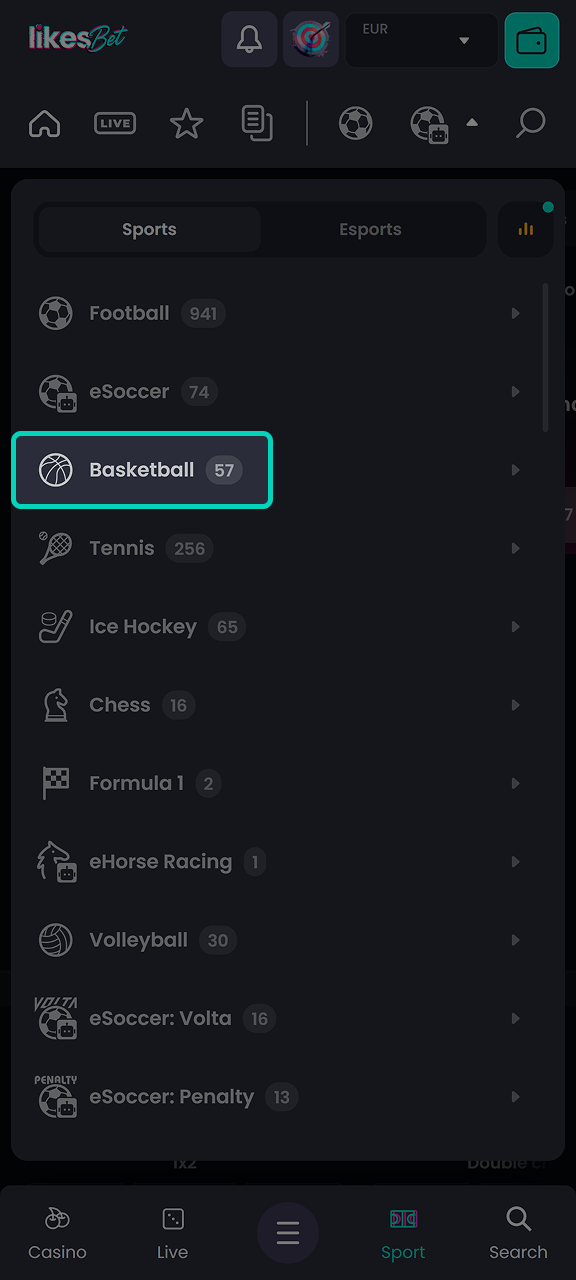 Go to the sports section on LikesBet and find basketball.
