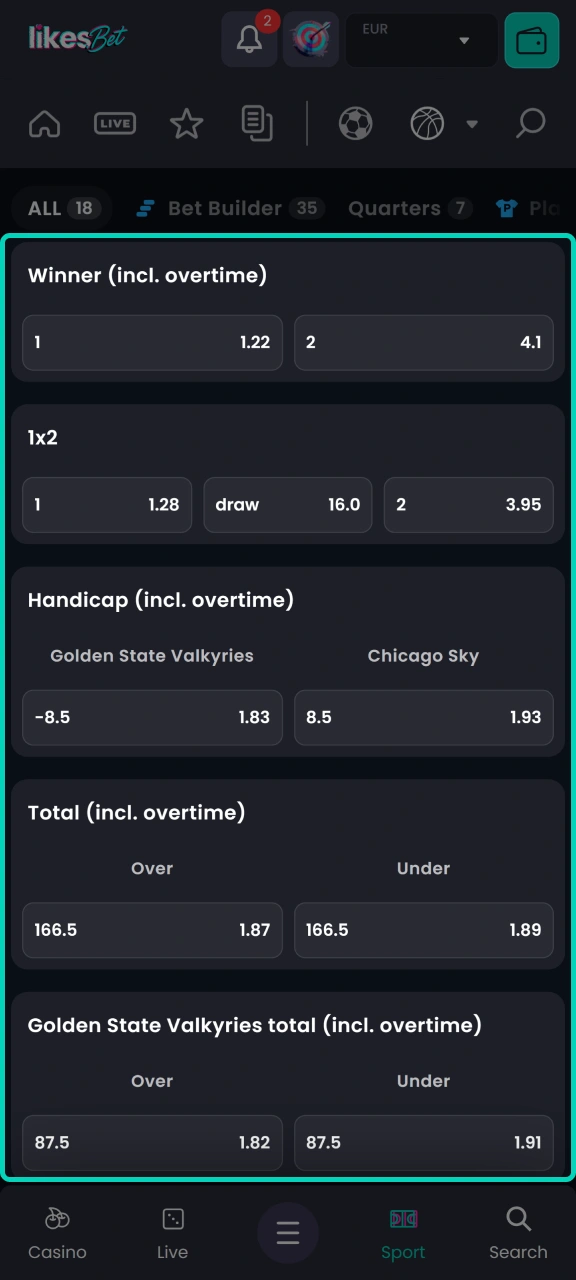 Select your desired bet, market, and other options on the LikesBet platform.