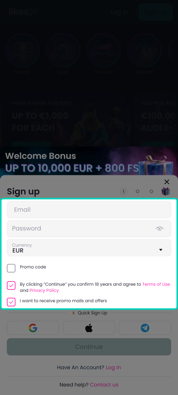 Enter your personal information in the LikesBet registration form.