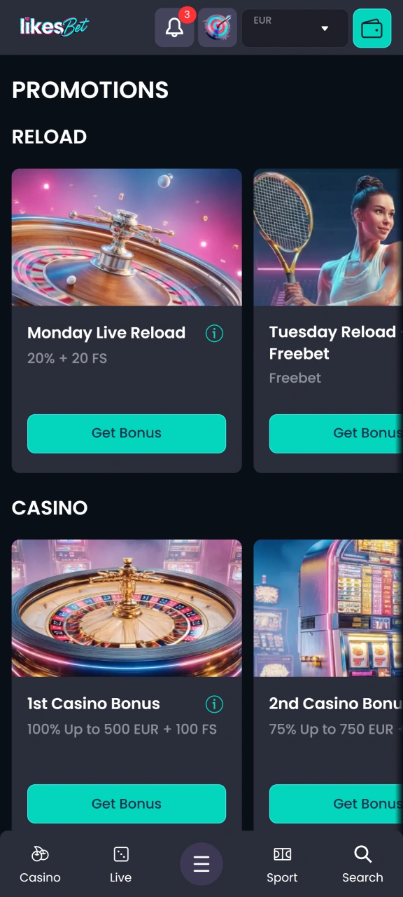 Select a bonus on the LikesBet bonuses page and claim it.