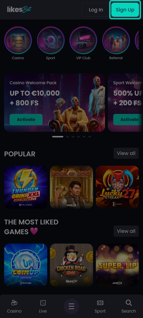 Click the Sign Up button to create a LikesBet account.