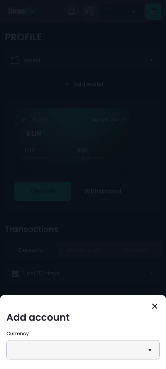 Select the currency you want to use for eSports betting on the LikesBet platform.