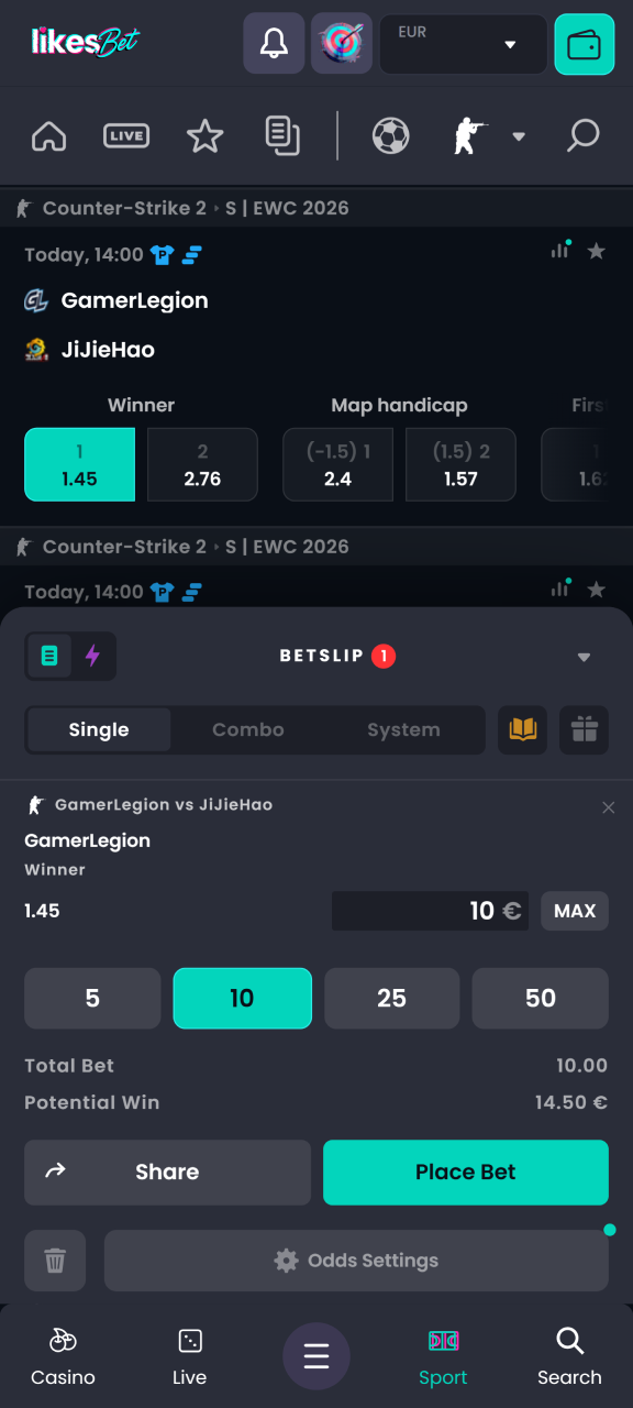 Enter your bet amount and confirm your eSports bet on the LikesBet website.