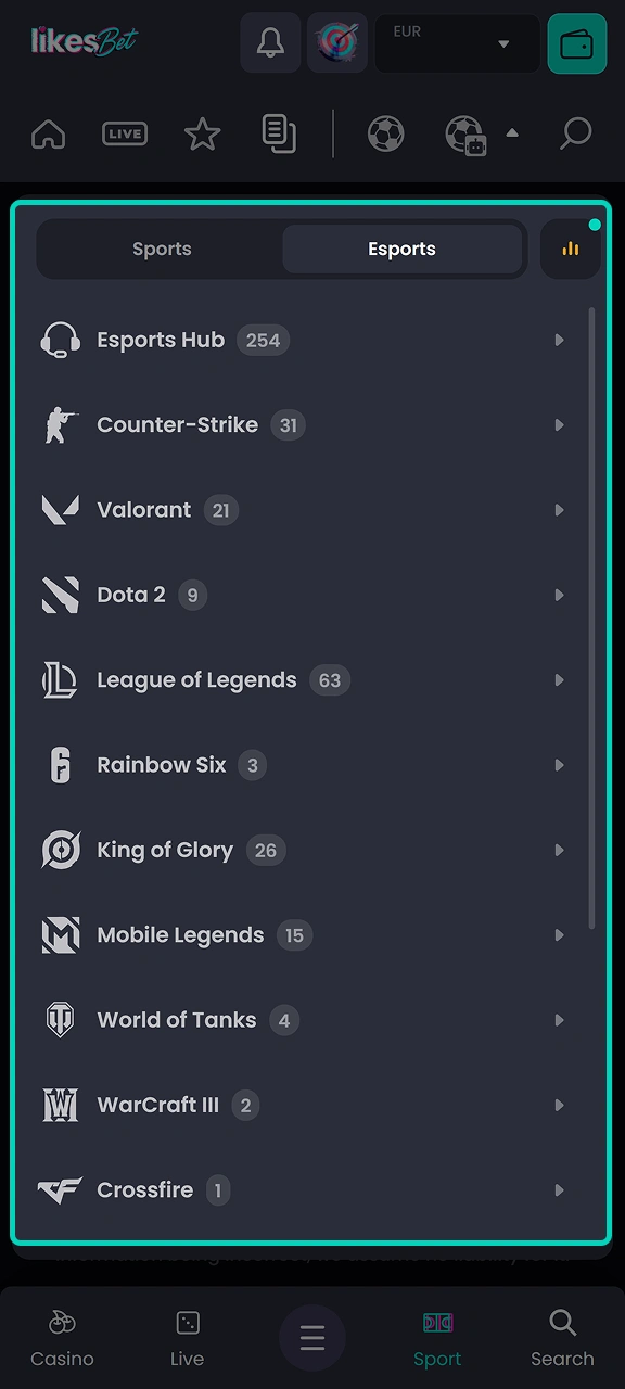Select the game in the eSports section that you want to bet on at the LikesBet bookmaker's website.