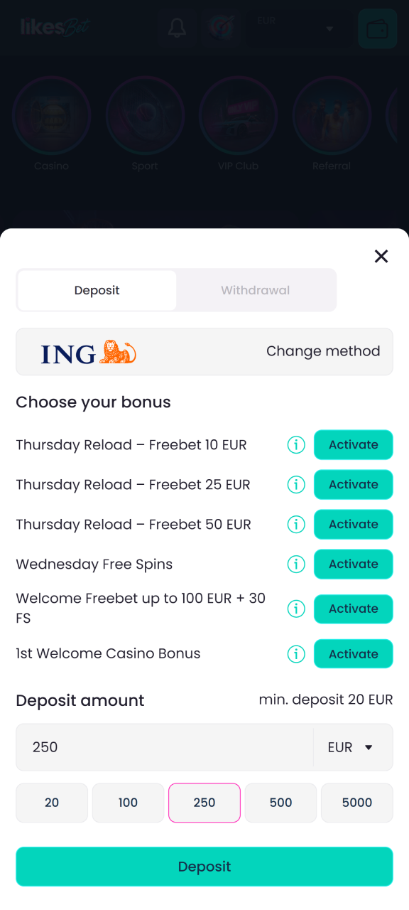 Top up your LikesBet account to place bets on football.