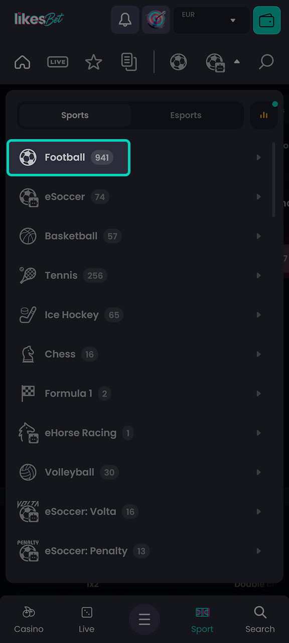 Select football from the list of sports available in the LikesBet sports section.