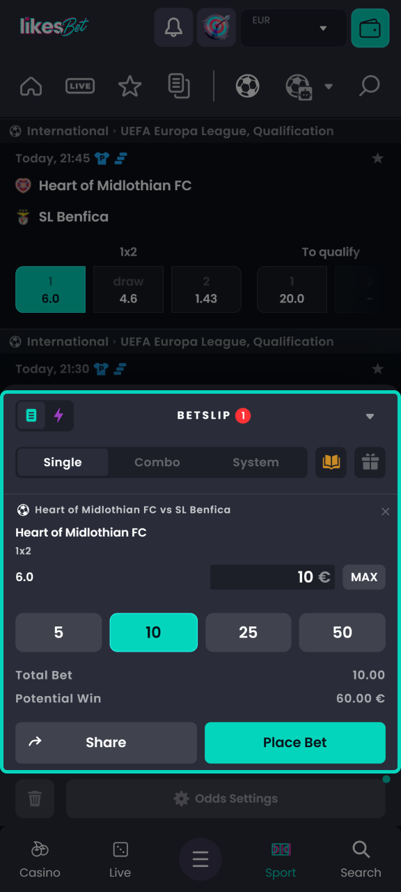 Enter the amount, review your football bet, and place it on the LikesBet website.