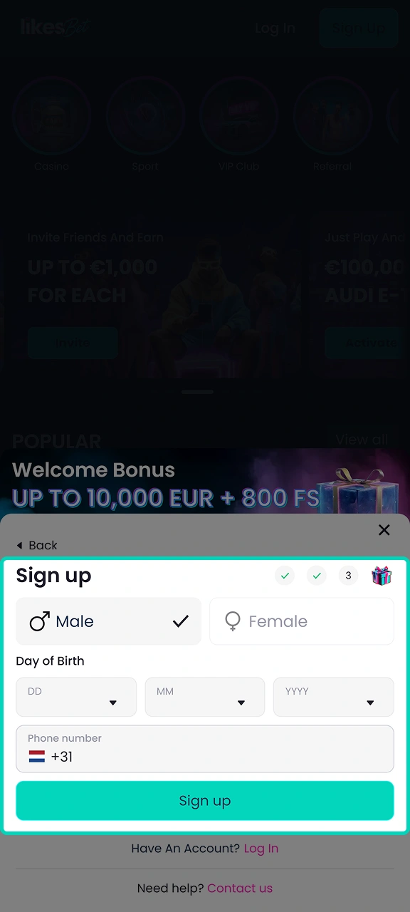 Enter all the information required to register on LikesBet.