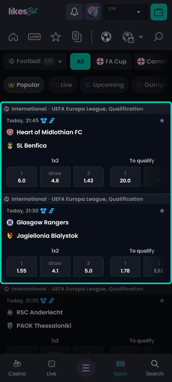 Choose the football game you like on the LikesBet website.
