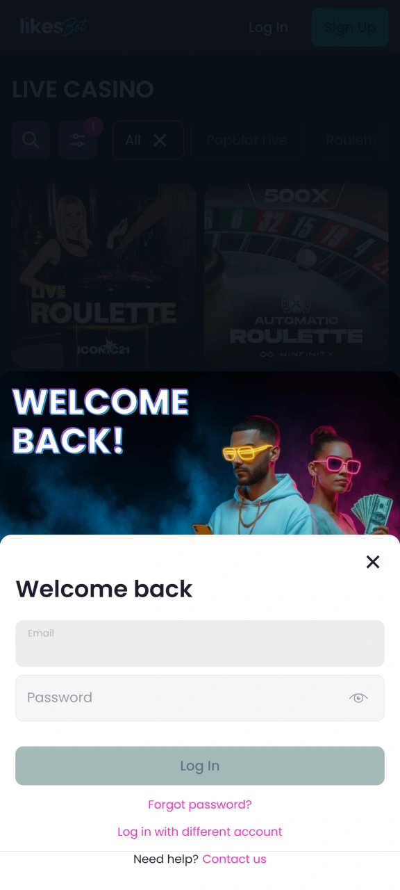 Log in to your existing LikesBet account.