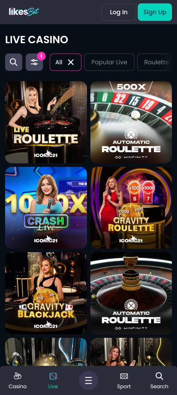 Go to the Live Casino section on the official LikesBet website.