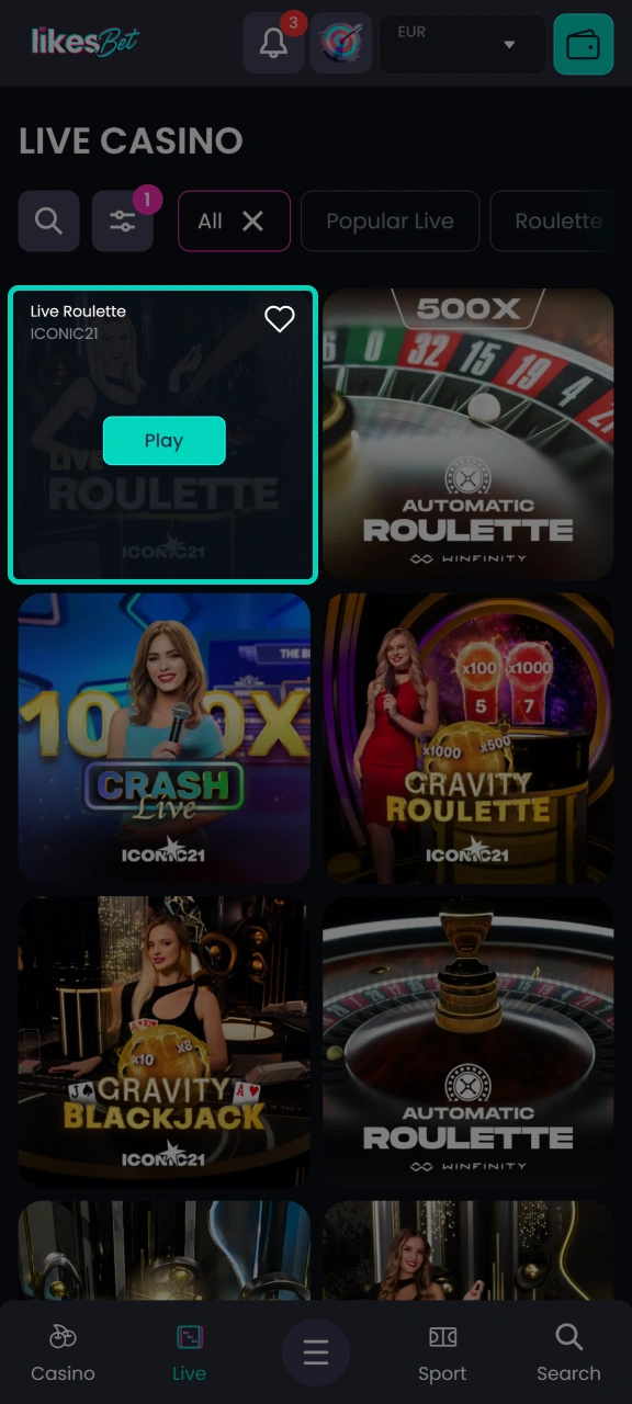 In the live casino section, select the game you want to play on the LikesBet platform.