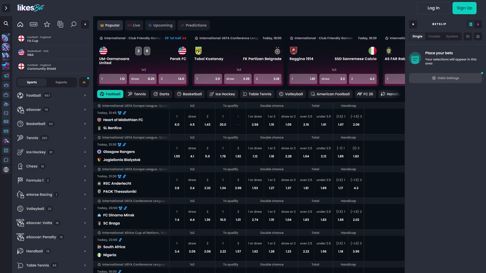 Find your favorite team among those listed on the official LikesBet website and place your first bet.