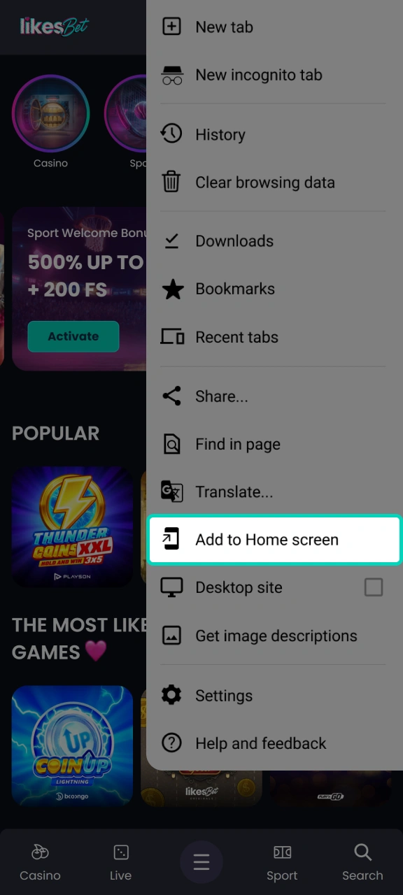 Add the LikesBet icon to the home screen of your Android device.