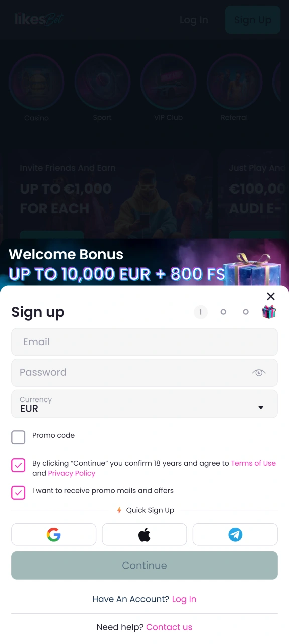 Sign up for an account on the LikesBet app.