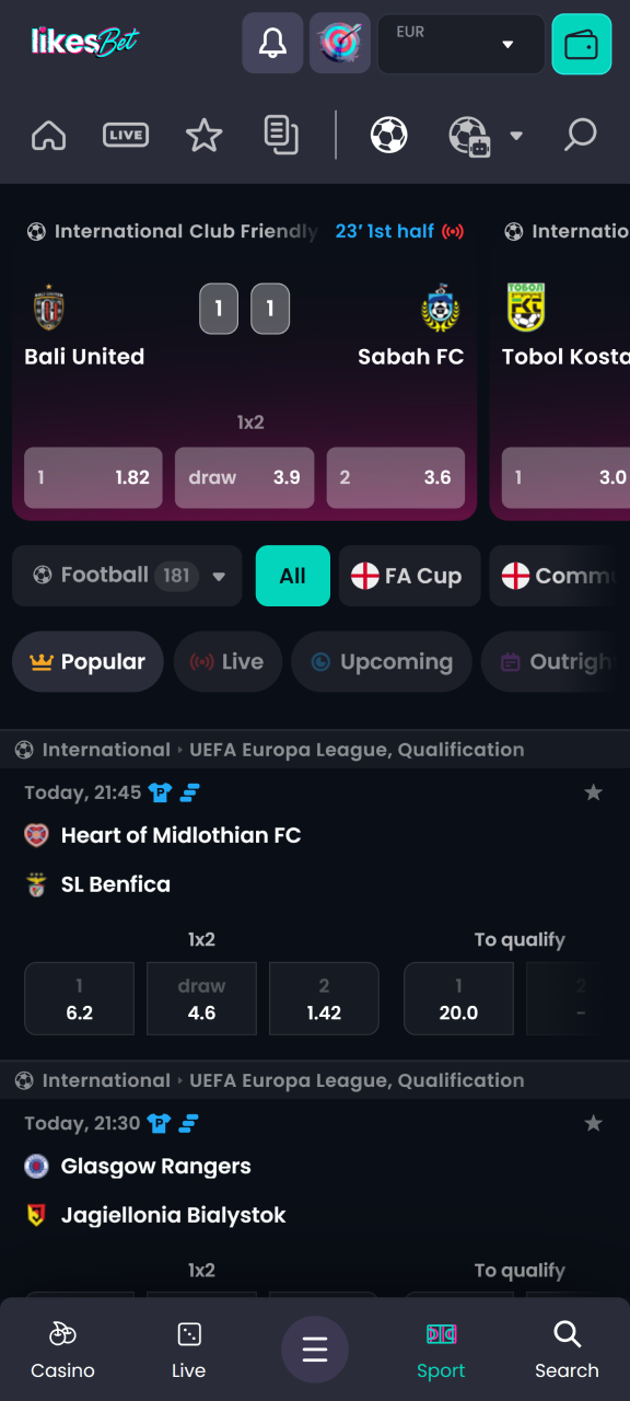 Choose the sport you want to bet on in the LikesBet app.