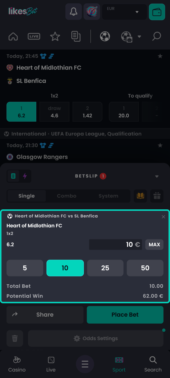 Enter your bet amount and place your first sports bet through the LikesBet app.